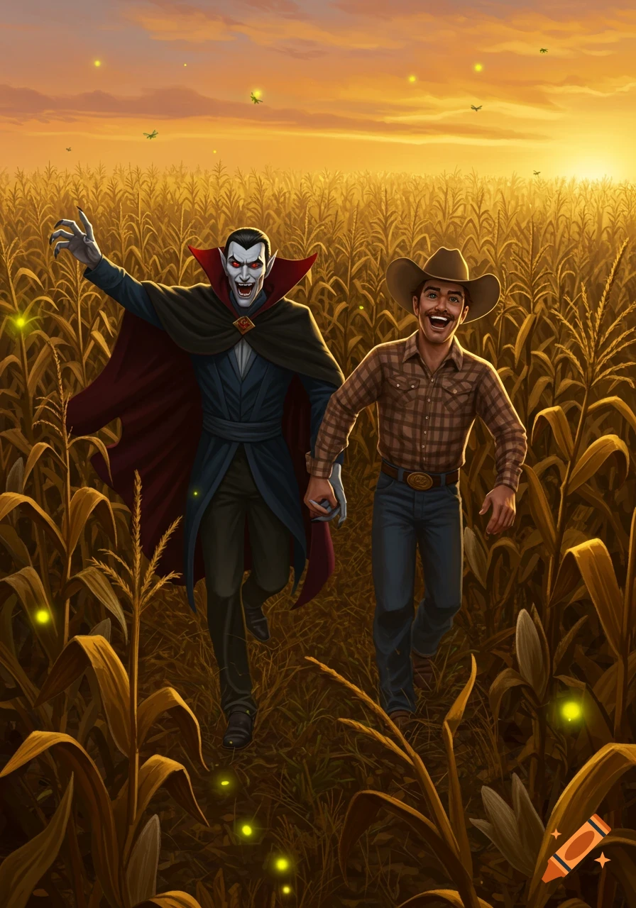 An illustrated vampire and a cowboy laughing, walking through a cornfield at sunset with fireflies.