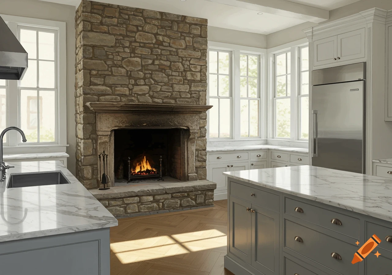 A modern kitchen with light grey cabinetry, marble countertops, and a large stone fireplace with a fire burning, illuminated by sunlight.