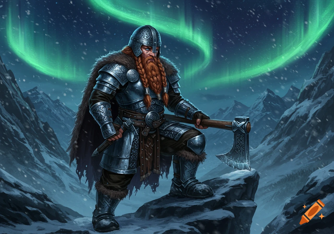 A heavily armored dwarf warrior with a braided red beard holds a battle axe, standing on a snowy mountain under green aurora borealis.