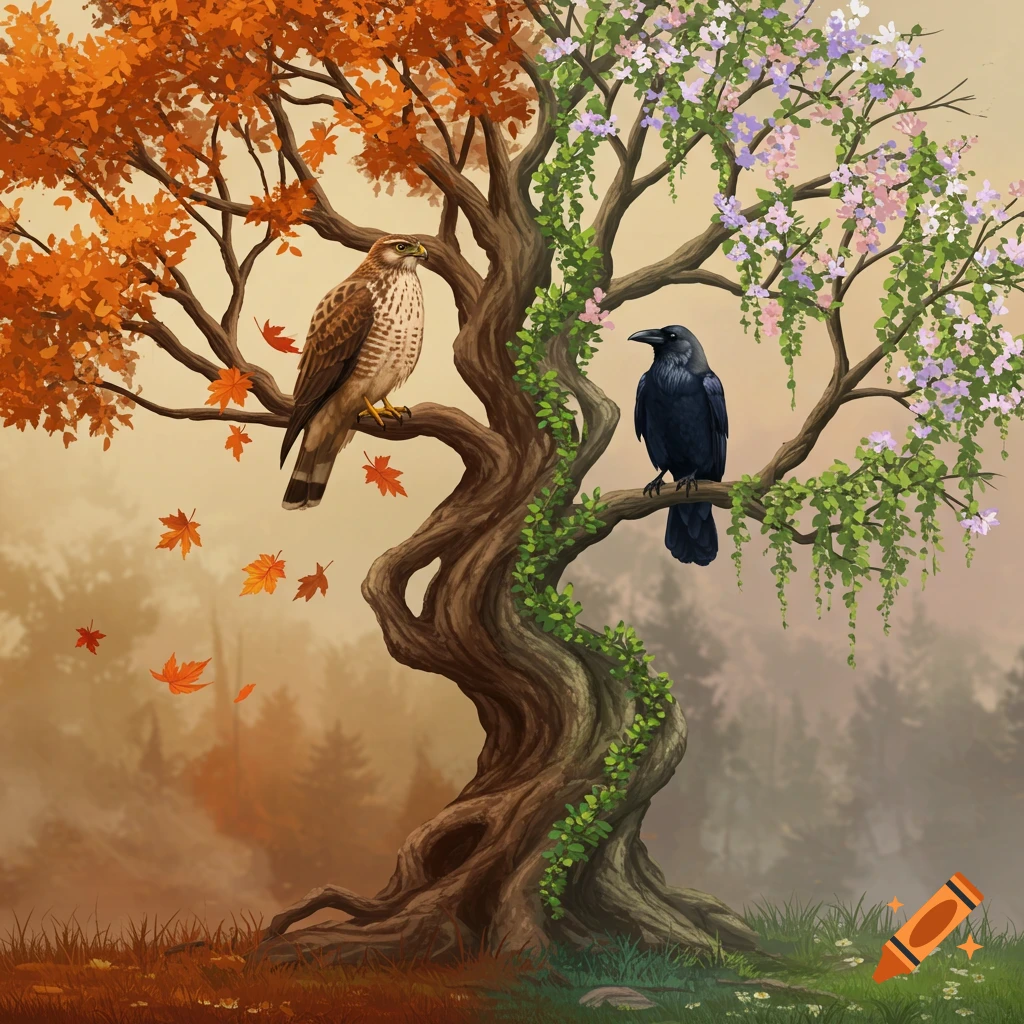 A majestic tree split between autumn with orange leaves and a hawk, and spring with purple flowers and a raven, in a misty forest.