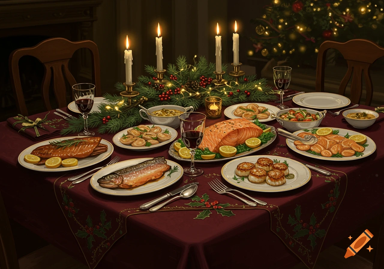 A festive Christmas dinner table lavishly set with fish dishes, lit candles, and wine, with a Christmas tree in the background.