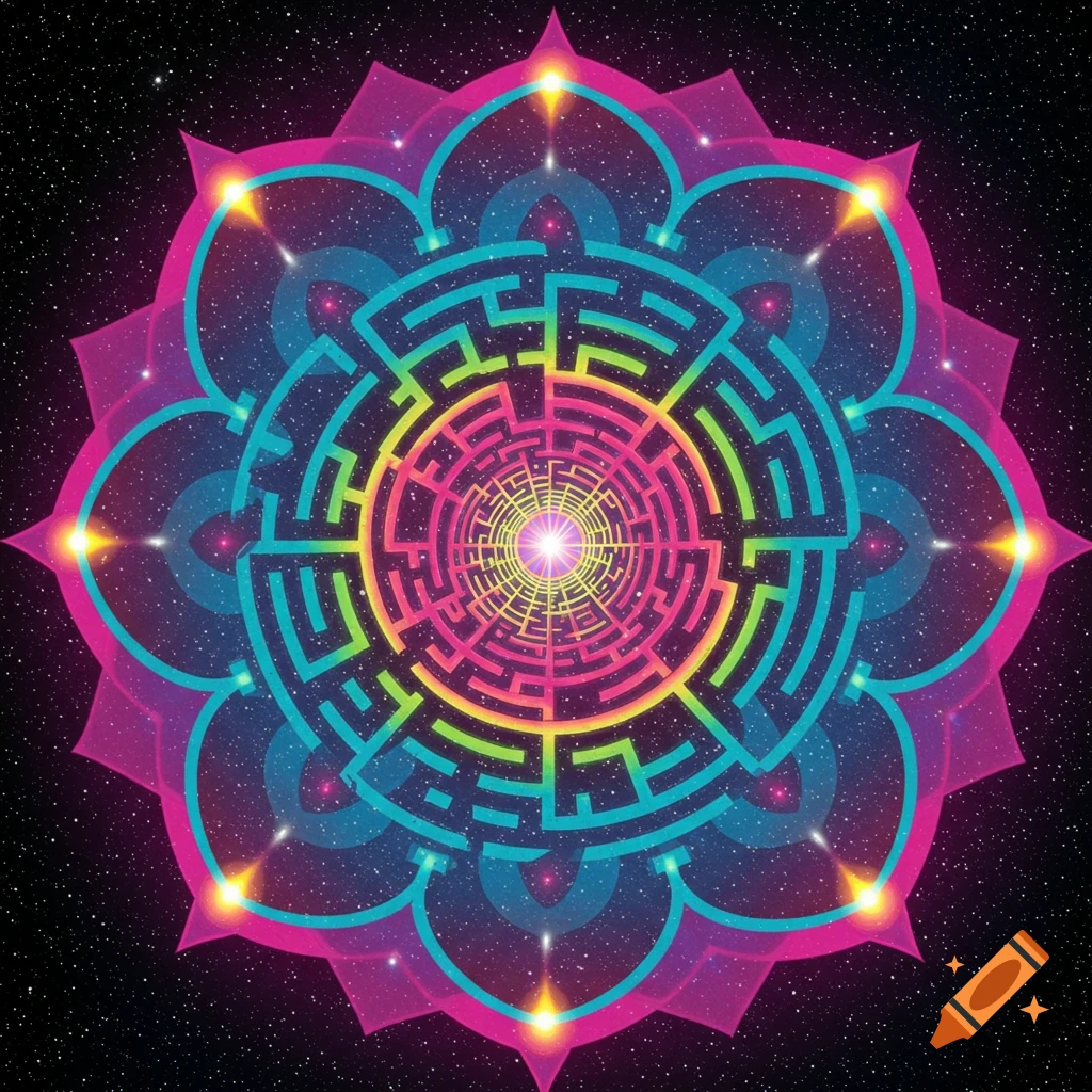 A vibrant, psychedelic mandala-like maze with 1980s-inspired bold and bright colors, set against a starry cosmic background.