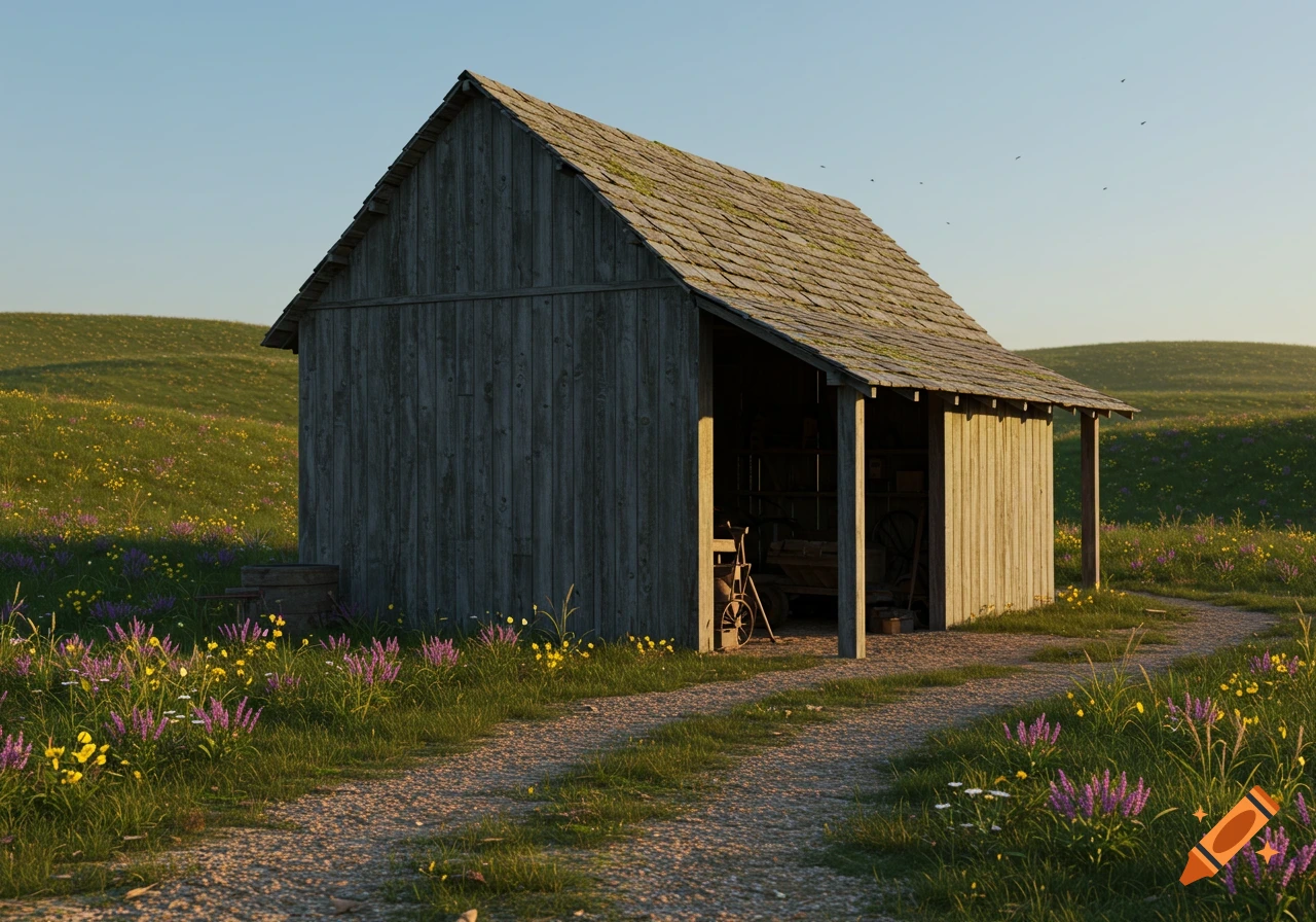 Photorealistic image of a weathered wooden shed in a vibrant field of purple and yellow wildflowers, under a clear blue sky.