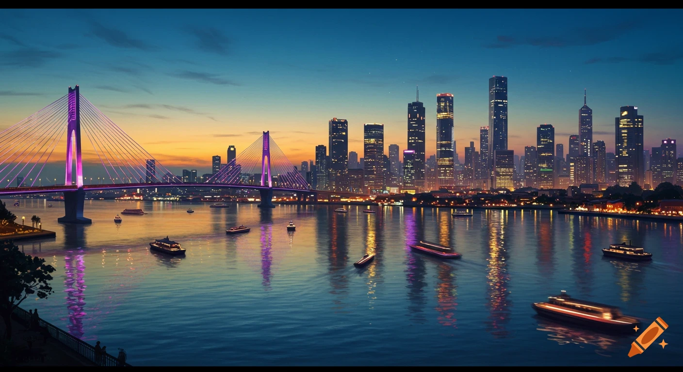 Photorealistic cityscape at dusk with an illuminated bridge, boats on a river, and a glowing skyline reflecting in the water.