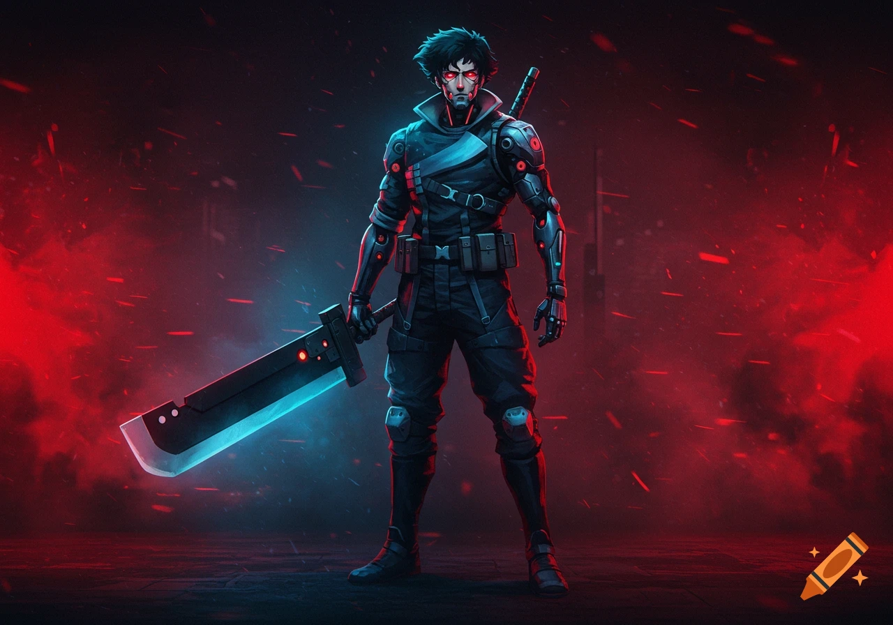 Anime warrior with red eyes and a large glowing blue broadsword stands against a dark, smoky red and blue background.