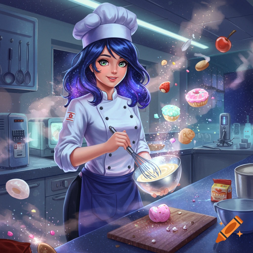 An anime-style chef with cosmic blue hair, whisking batter in a futuristic kitchen with floating ingredients.