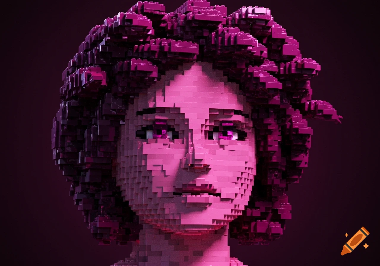 A pixelated bust of Medusa made from dark pink Lego bricks, against a dark background.