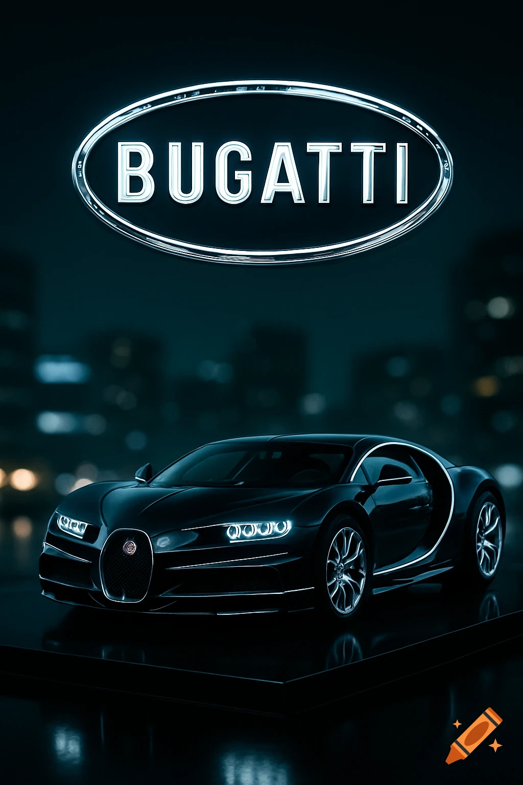 A photorealistic black Bugatti Chiron under a glowing 'BUGATTI' logo at night, with a blurred city background.