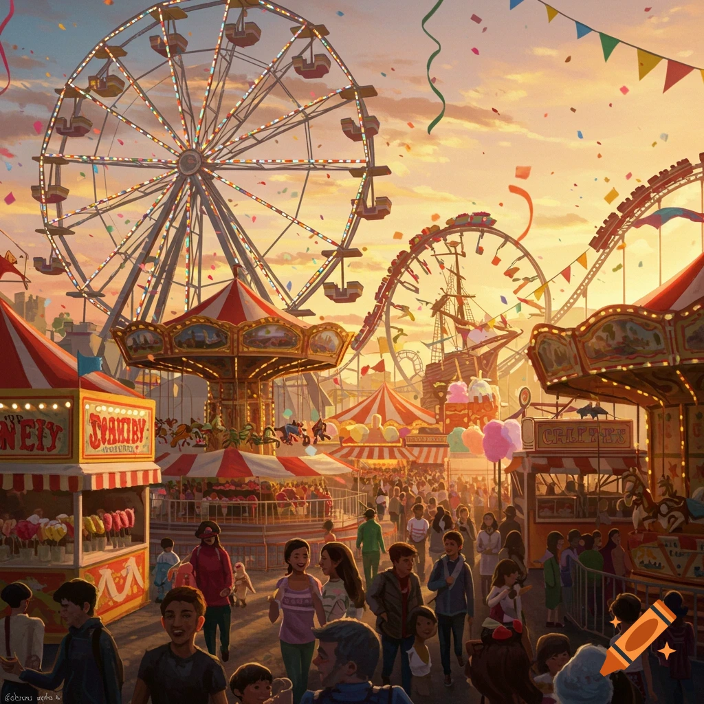 A vibrant digital illustration of a bustling carnival at sunset, featuring a large Ferris wheel, roller coaster, carousels, and crowds of people.