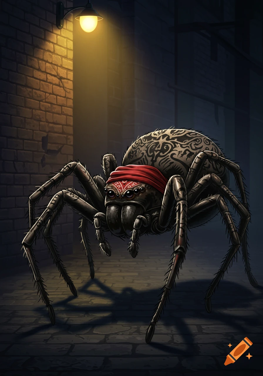 A large, dark, tattooed spider wearing a red bandana stands in a dimly lit alley under a street lamp.