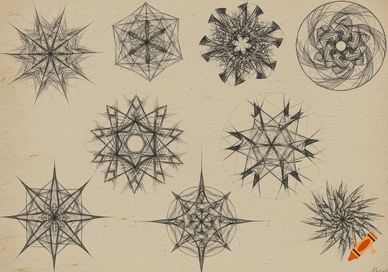 Ten intricate abstract geometric designs, drawn in black ink on textured beige paper.