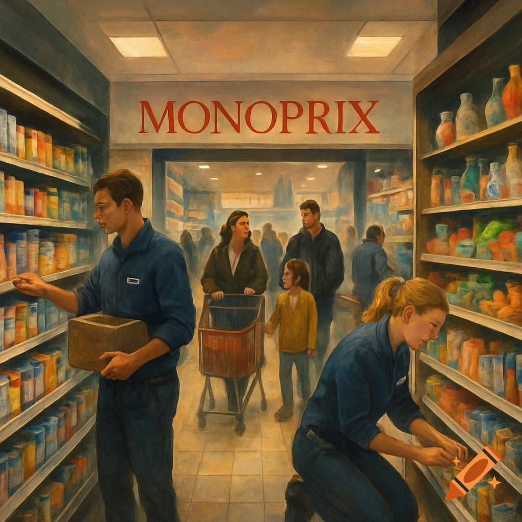 Supermarket employees stock shelves in a Monoprix store, with customers shopping in the background, in a painterly style.