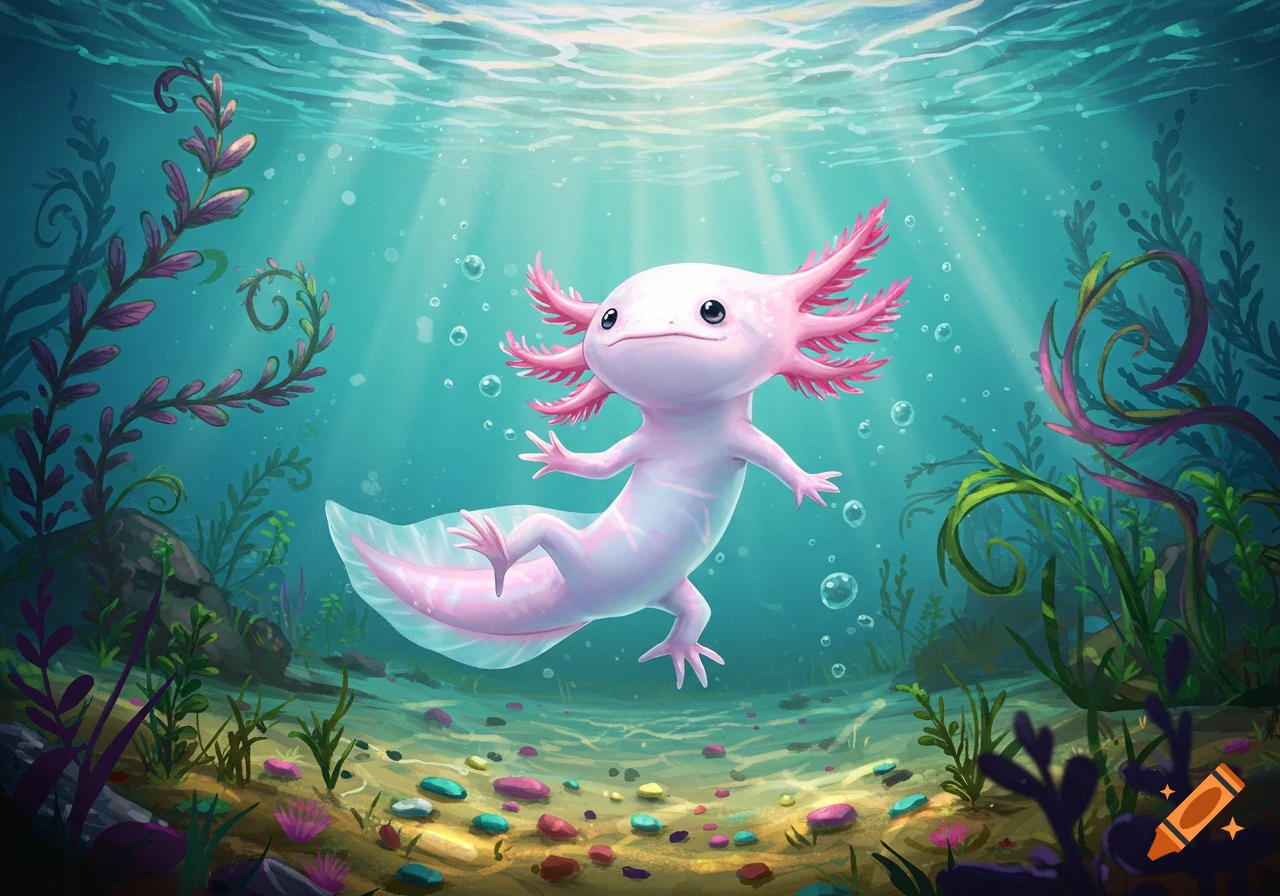A cute pink cartoon axolotl with feathery gills swims in clear blue water with plants and pebbles.