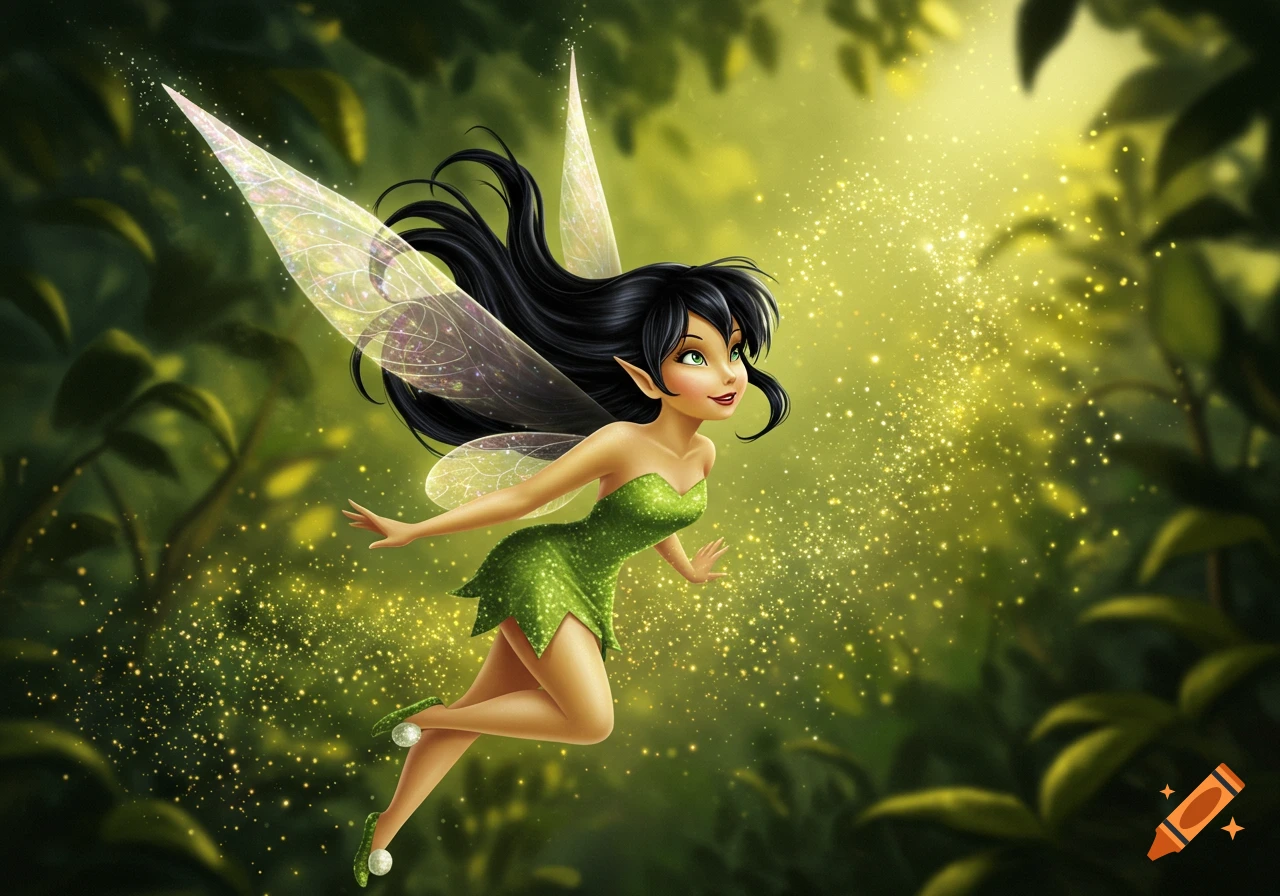 A cartoon fairy with long dark hair, green dress, and translucent wings floats in a magical, sun-dappled green forest.