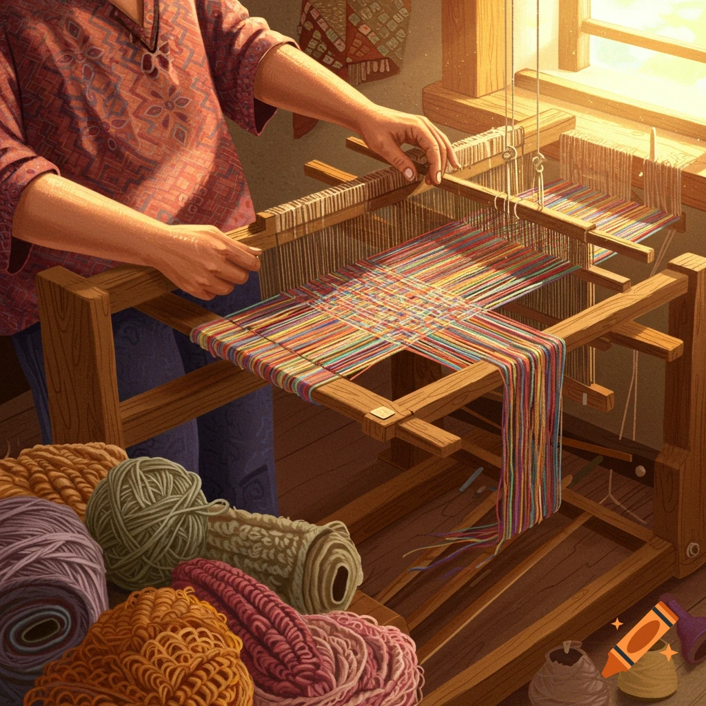 A person weaves colorful threads on a wooden loom in a sunlit room, with piles of yarn on the floor.
