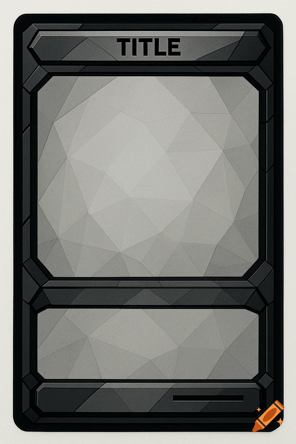 A blank trading card template with a black, polygonal, futuristic border and a central gray area, with the word "TITLE" at the top.