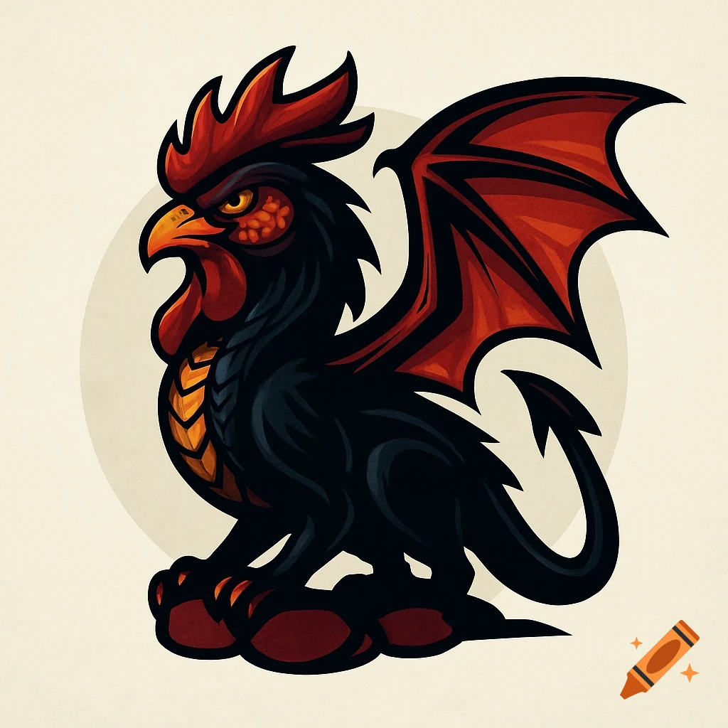 Stylized logo of a black monster with a red rooster head, orange eyes, and red bat wings.