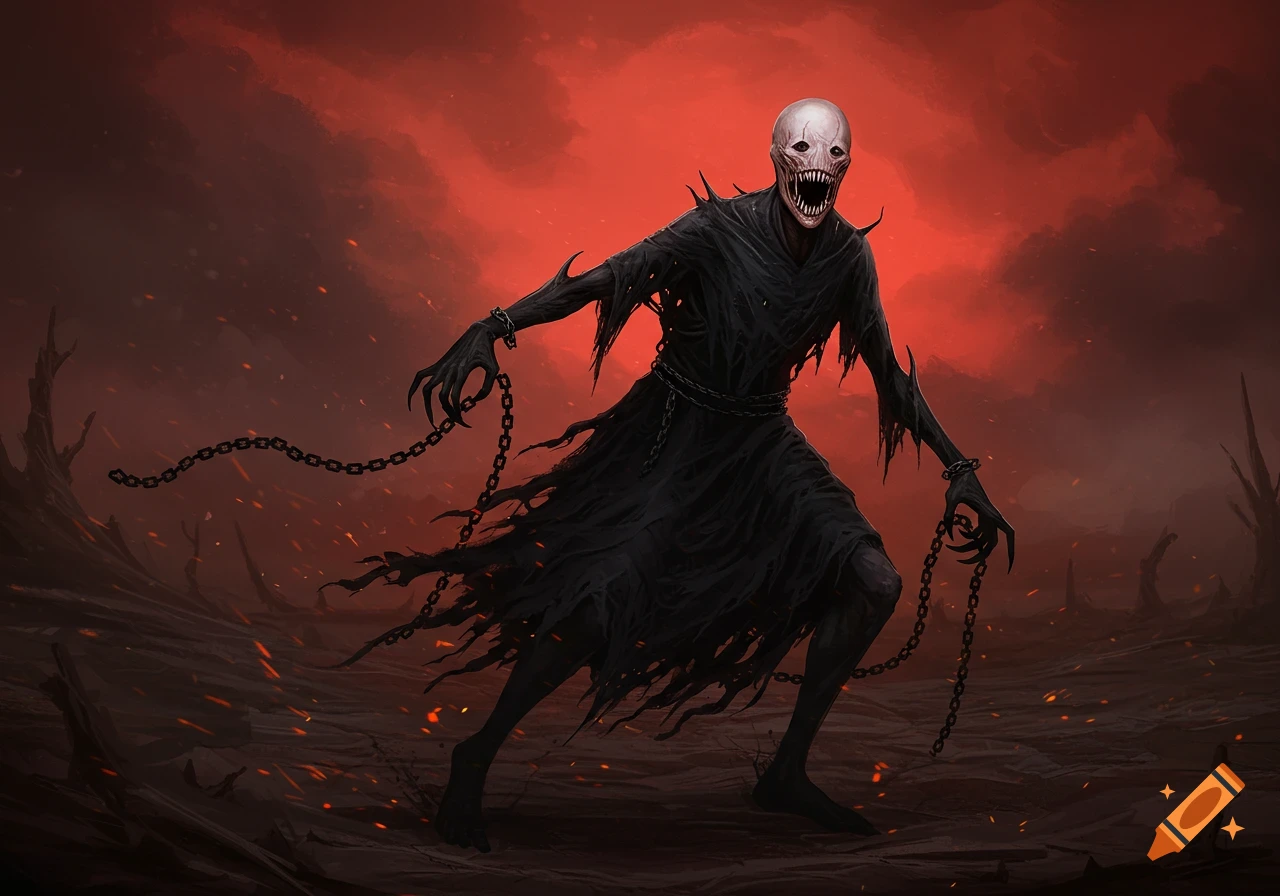 A haunting, pale-faced creature with jagged teeth, a tattered black cloak, and chains in a desolate wasteland under a crimson sky.
