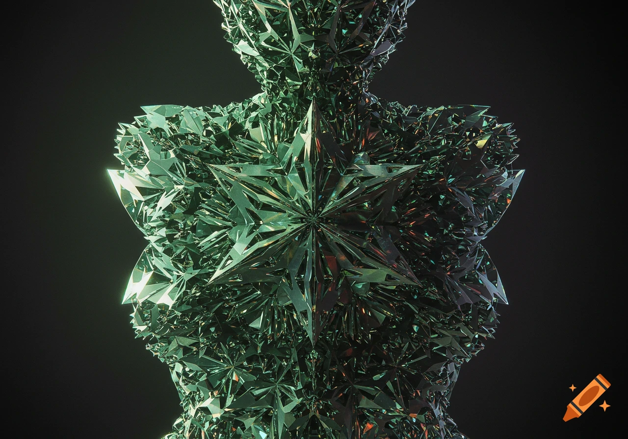 Abstract shimmering green-blue crystalline figure made of sharp geometric patterns on a dark background.