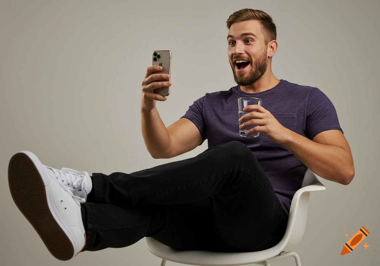 A happy young man in a purple t-shirt and black jeans sits on a white chair, looking at his iPhone while holding a glass of water.