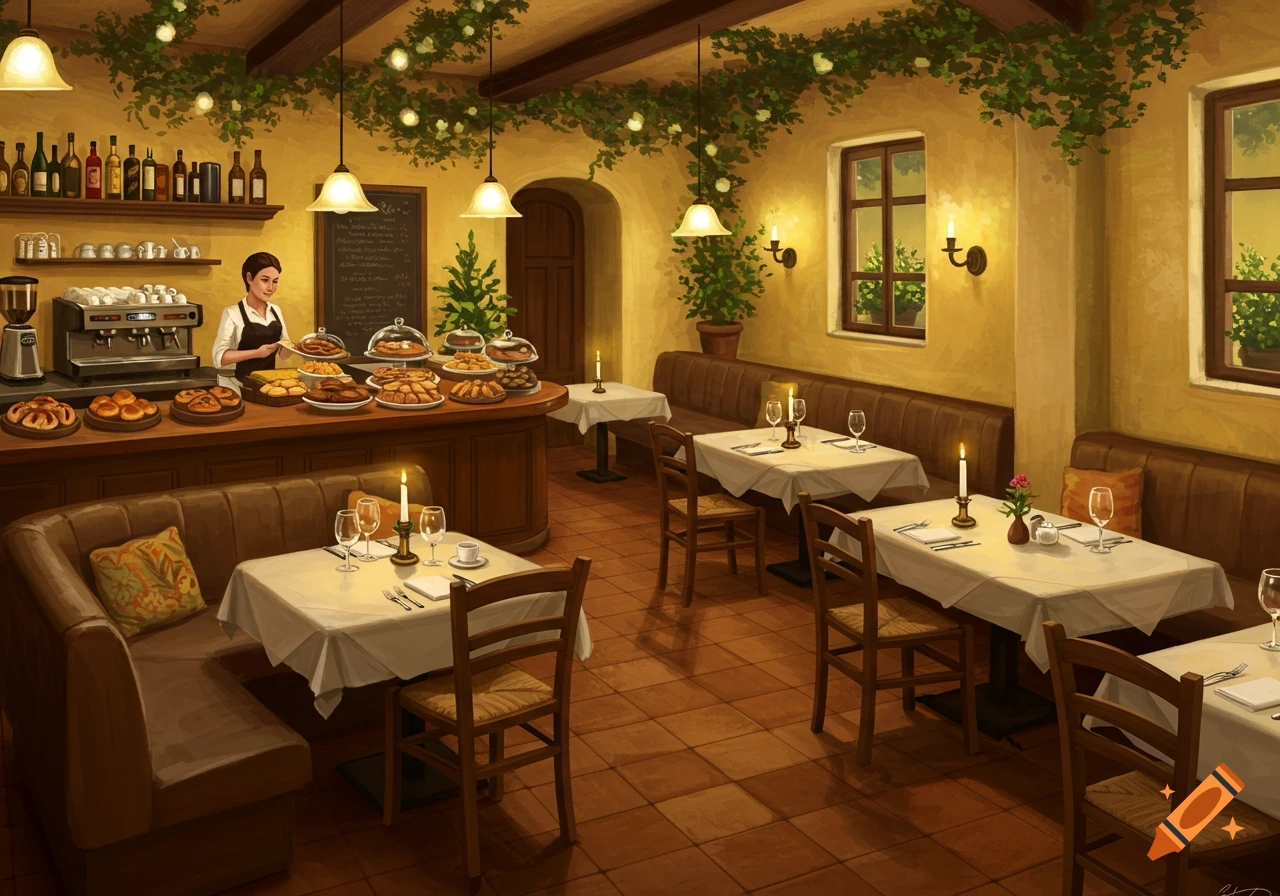 An illustration of a cozy Italian restaurant interior with a server behind a counter laden with pastries, and several dining tables with candles.