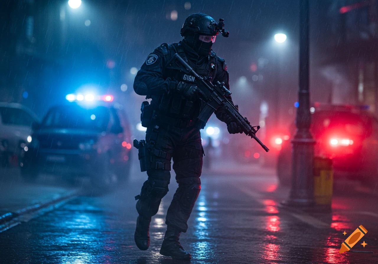 A tactical police officer in black uniform, carrying a rifle, runs through a rainy city street at night with flashing police car lights in the background. Photorealistic style.