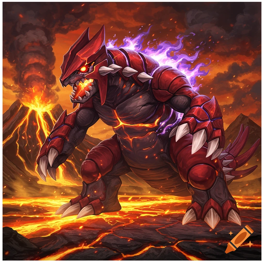 A powerful, red, armored creature resembling Groudon, standing on cracked lava with erupting volcanoes in the background. Purple energy emanates from its back.