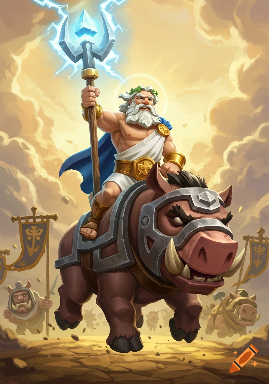 Stylized Zeus riding an armored boar, holding a lightning trident, under a golden sky with clouds.