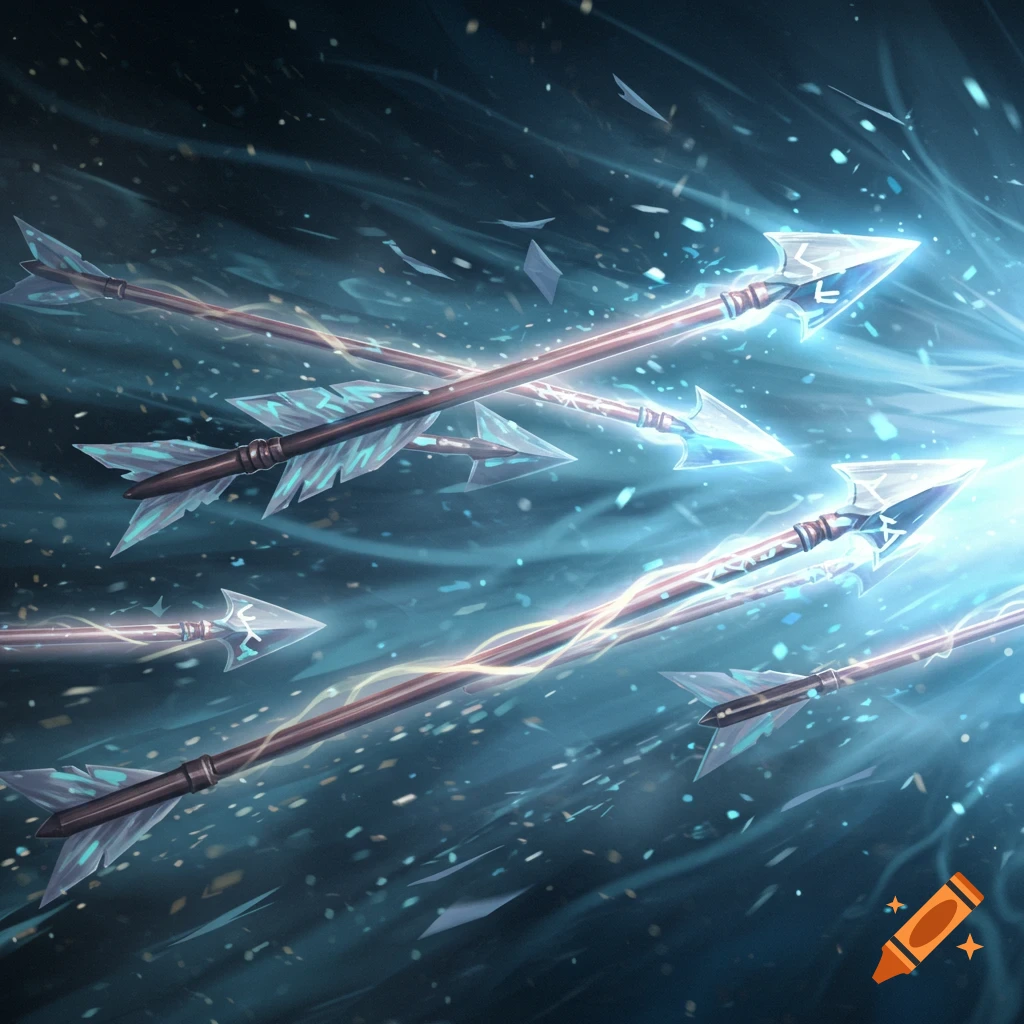 Close-up of several glowing blue-tipped fantasy arrows flying through a dark, turbulent background with bright light trails and particles.