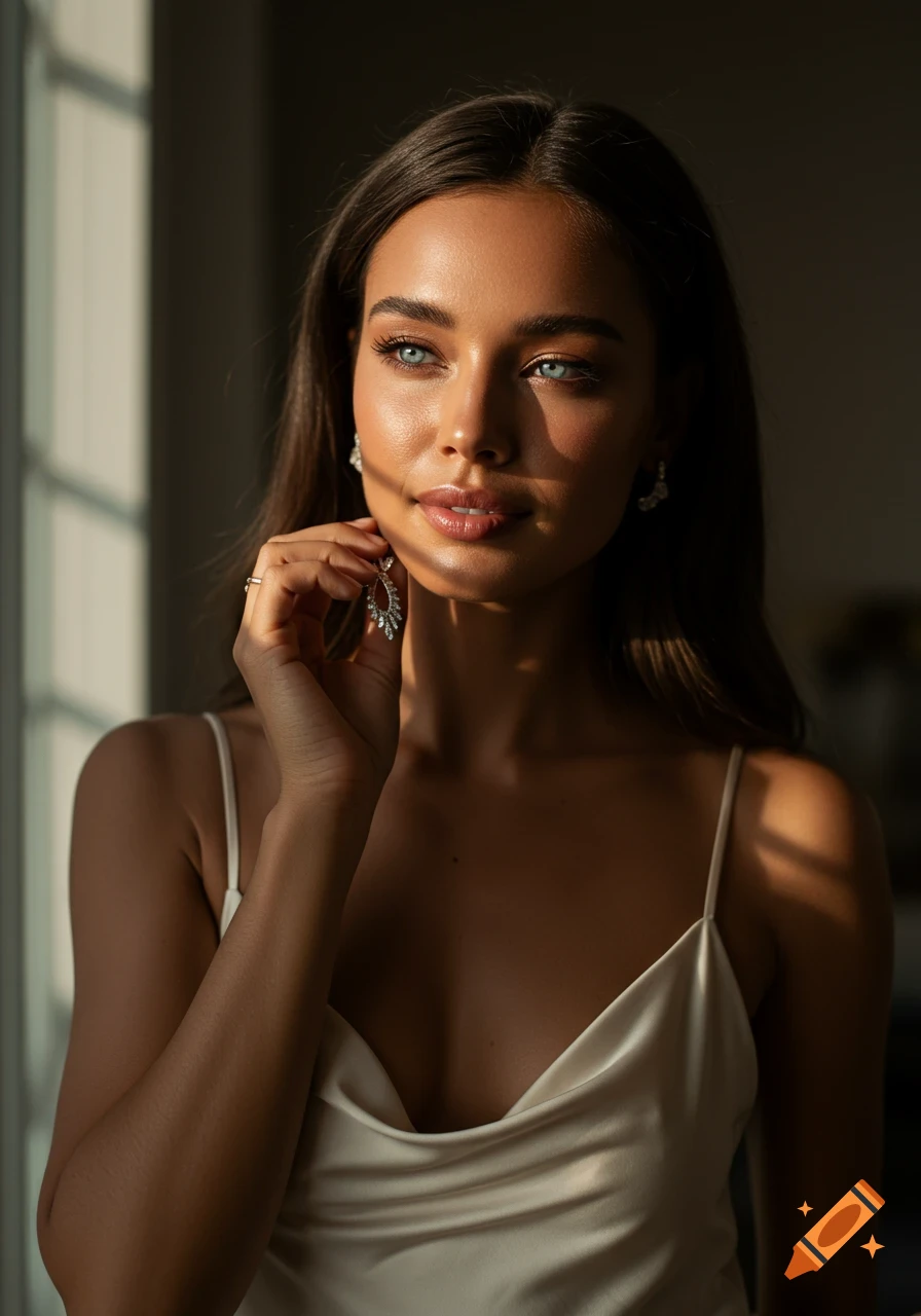 Photorealistic portrait of a young woman with tan skin and blue eyes, wearing a silk slip and diamond earrings, lit by golden hour sun.
