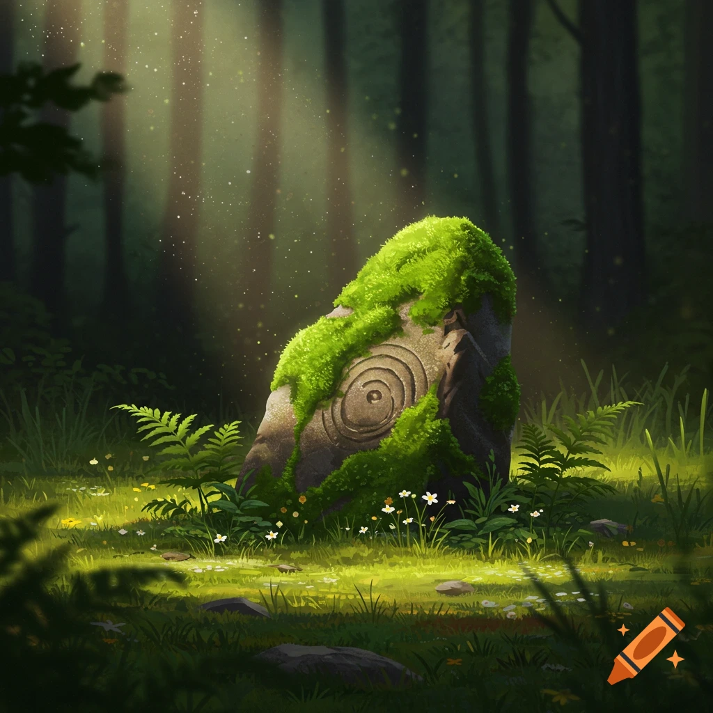 A mossy stone with a spiral carving stands on a sunlit forest floor amidst ferns and wildflowers, digital art.