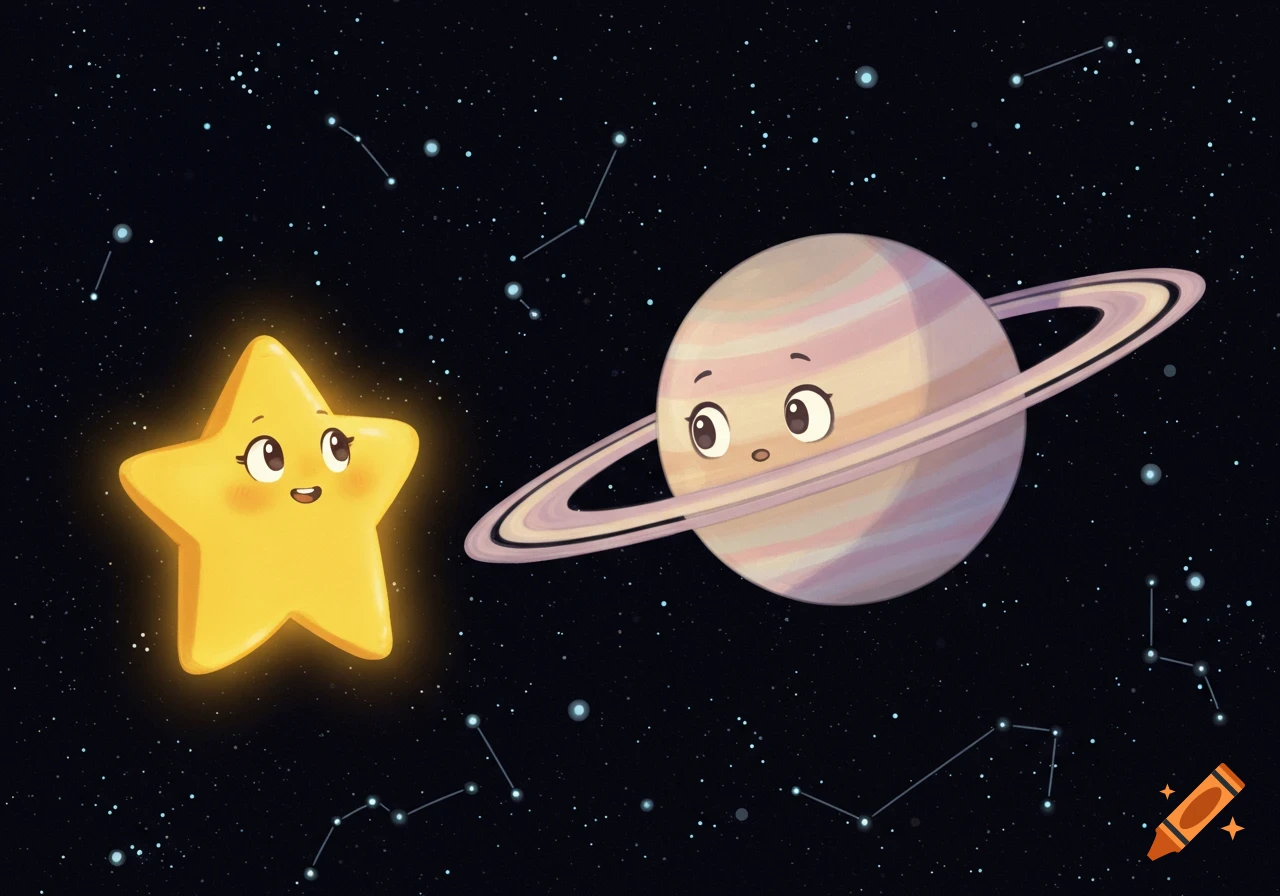 A glowing, smiling cartoon star looks at a surprised Saturn with rings in a dark, starry space scene.