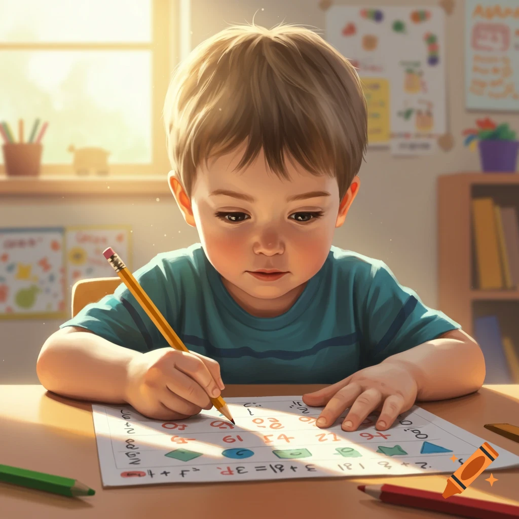 A young child with brown hair intently writes on a math worksheet with a pencil in a sunlit classroom.