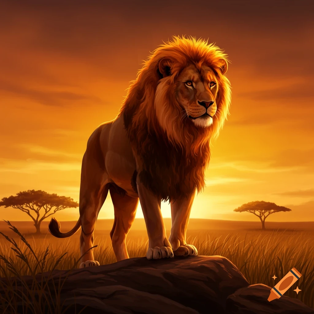 Majestic lion standing on a rock in a savannah at sunset, golden light illuminating its mane.