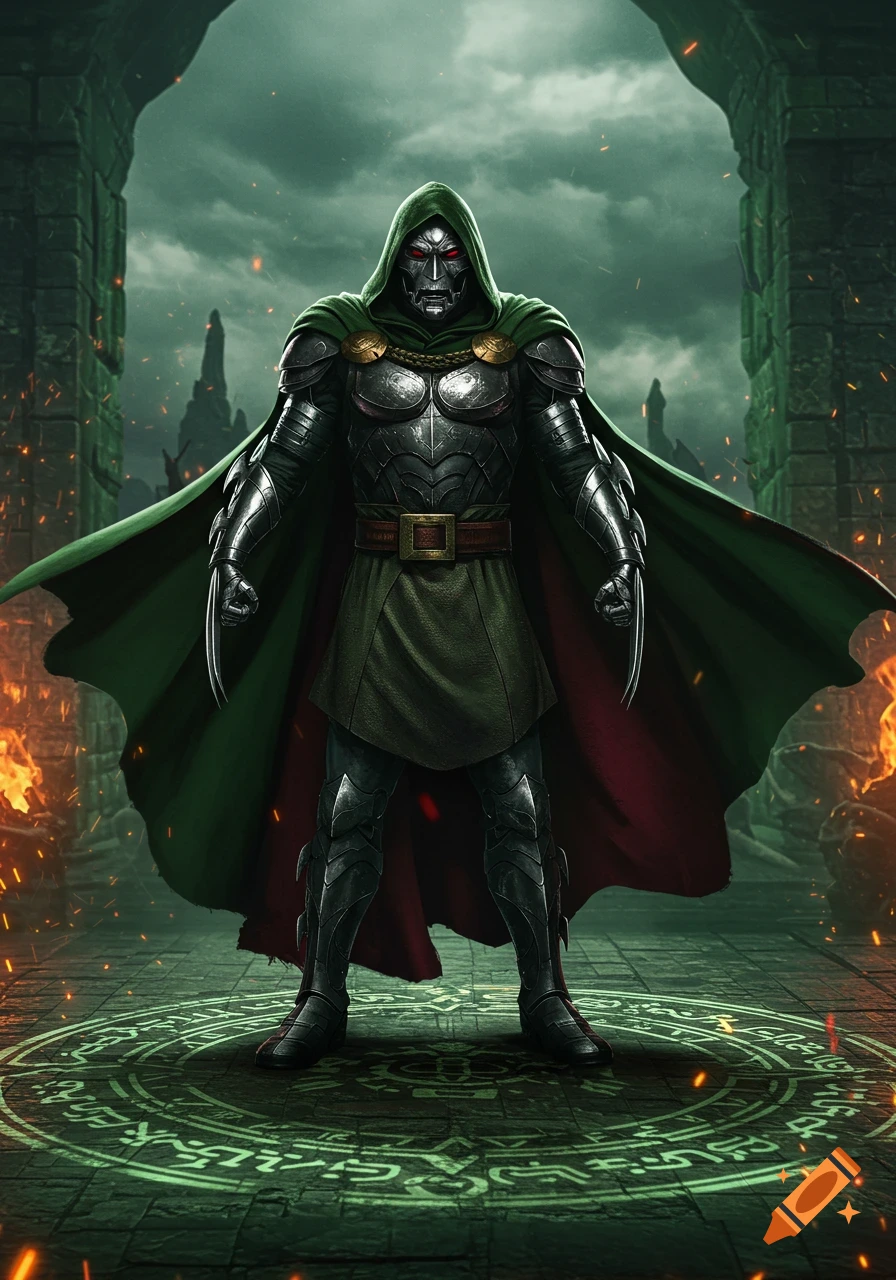 An armored supervillain with a green hooded cloak and red glowing eyes stands on an intricate glowing green symbol on the ground in a dark, ruined setting with fire.