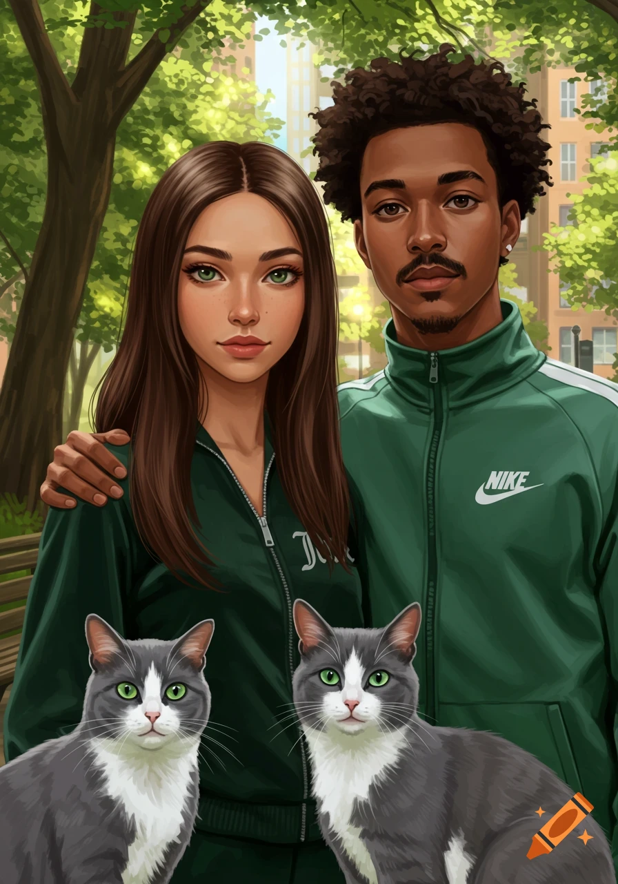 Illustration of a diverse couple in green tracksuits, a woman in Juicy Couture and a man in Nike, with two grey and white cats in a lush park.
