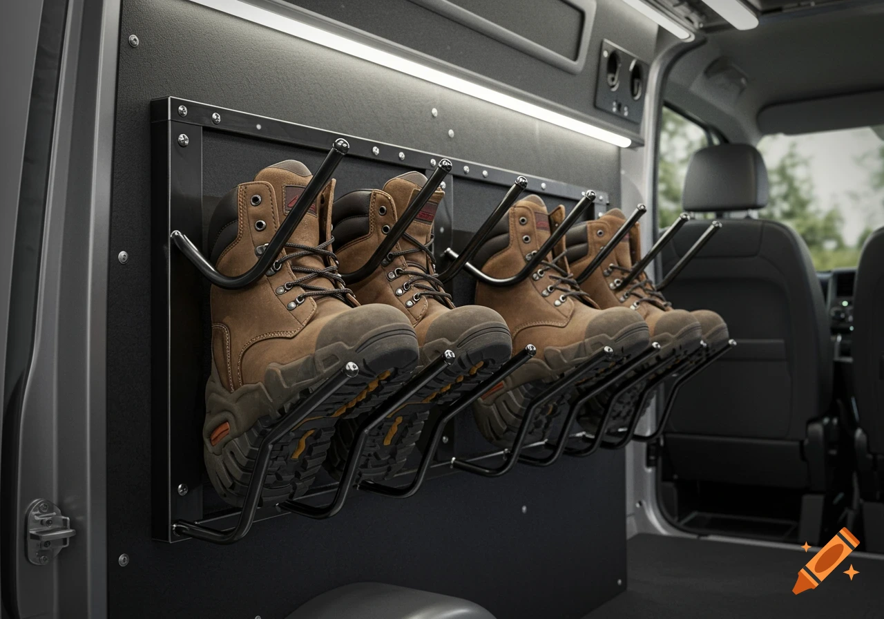 Rows of brown work boots with black laces stored in a wall-mounted holder inside a modern van.