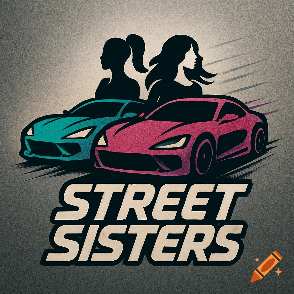 Logo featuring two stylized cars, one turquoise and one pink, with two female silhouettes above them. Text reads 'STREET SISTERS'.