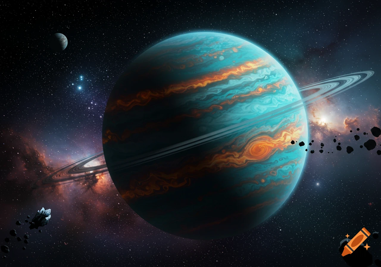 A vibrant teal and orange gas giant with prominent rings, a moon, asteroids, and a nebula in a starry cosmic background.