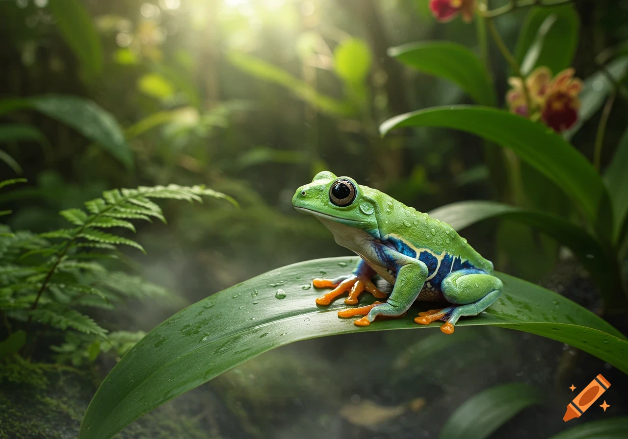Photorealistic green and blue frog with orange feet, covered in water droplets, on a lush green leaf in a sunlit rainforest.