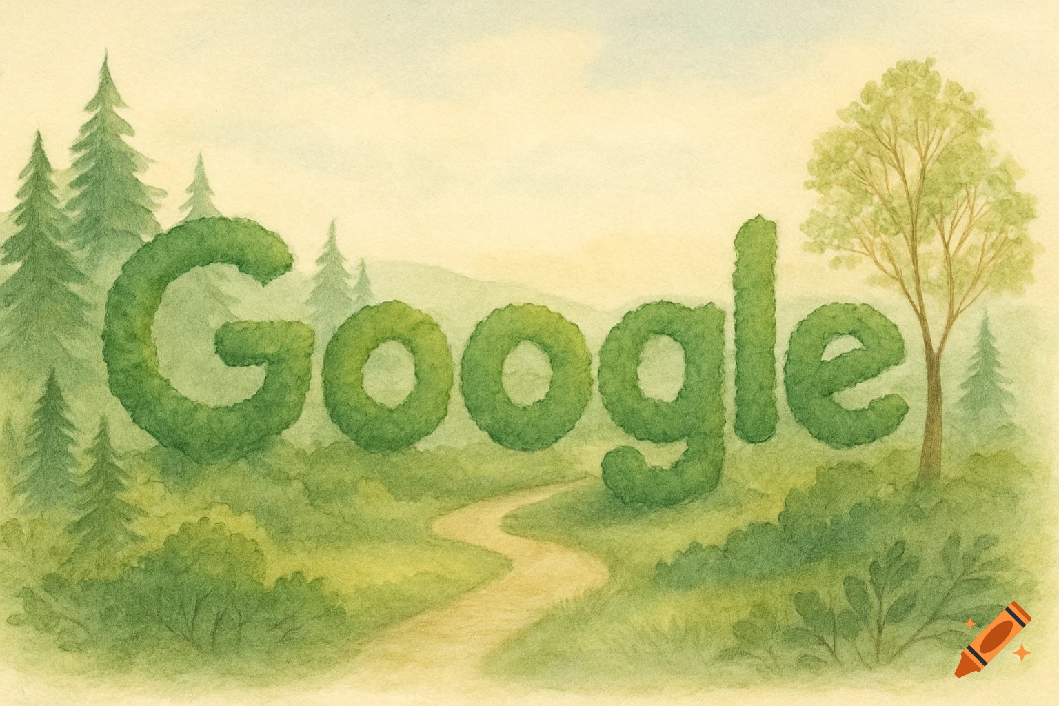 A watercolor painting of the Google logo formed by green bushes in a forest landscape with trees and a winding path.