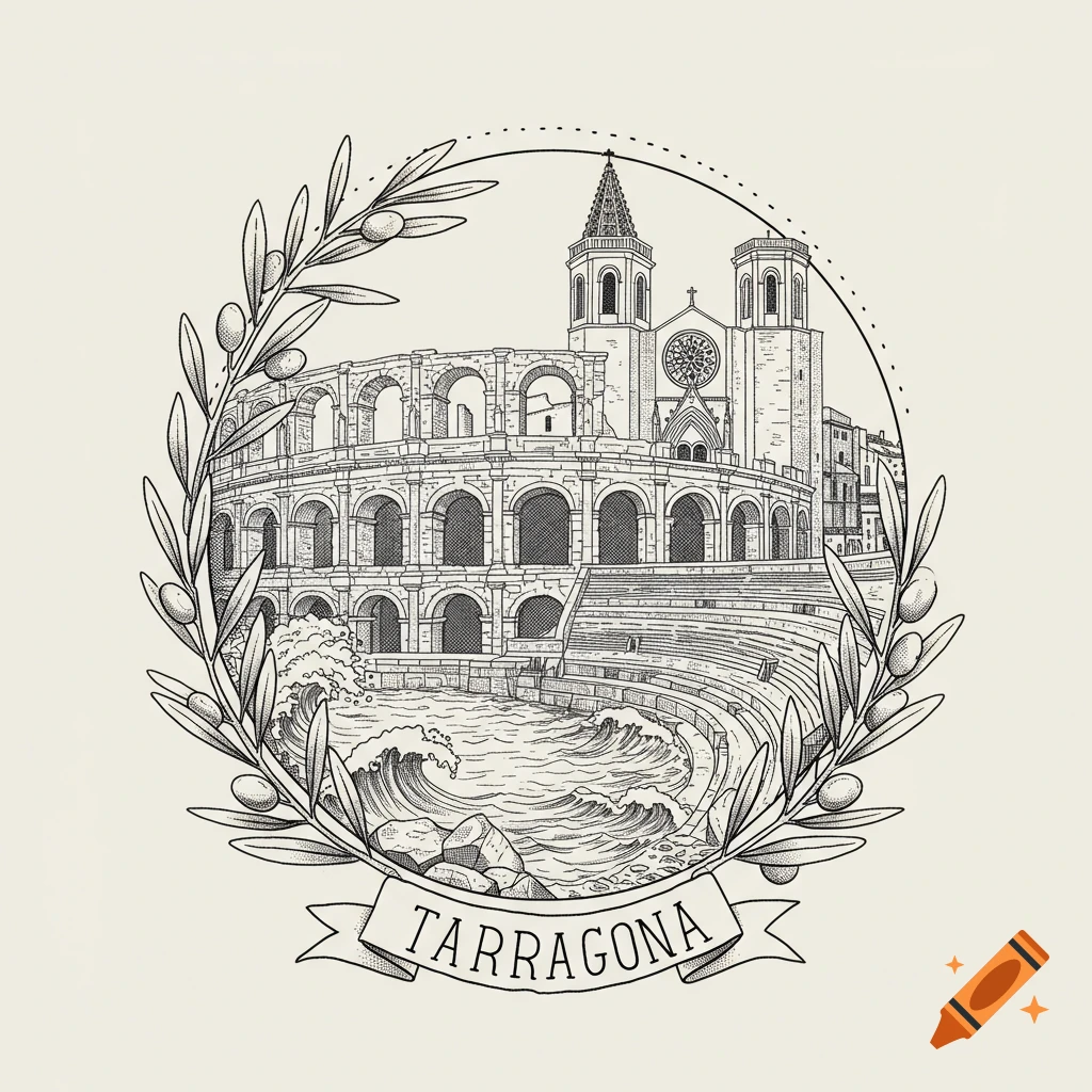 Line art illustration of Tarragona landmarks, including an ancient amphitheater and a church, framed by olive branches, with 'TARRAGONA' on a banner.