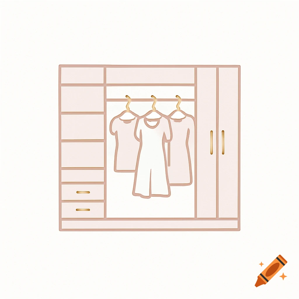A minimalist logo illustration of a pink and gold closet with dresses and shelves on a white background.