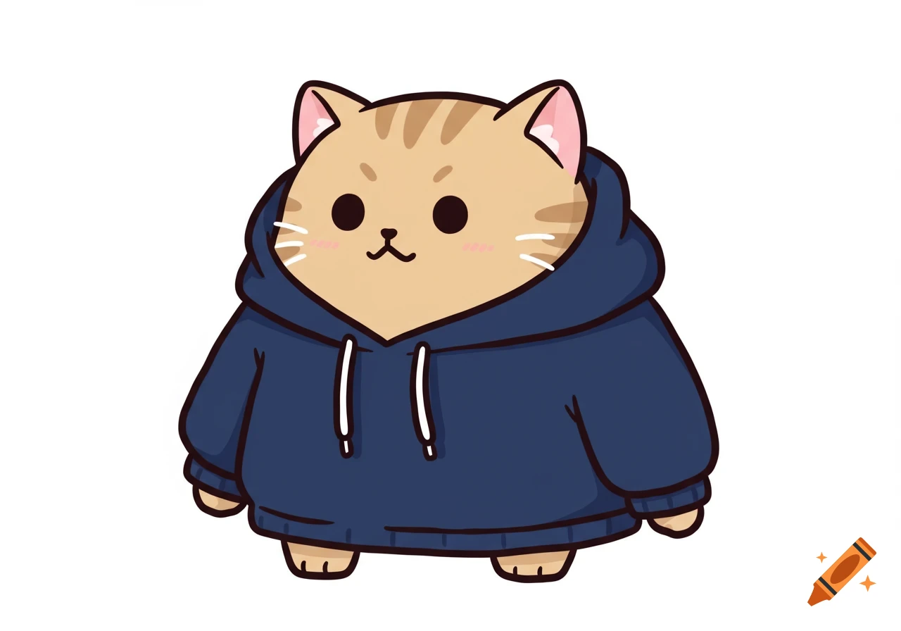 A cute, chubby, brown tabby cat wearing a dark blue hoodie, rendered in a simple cartoon sticker style.
