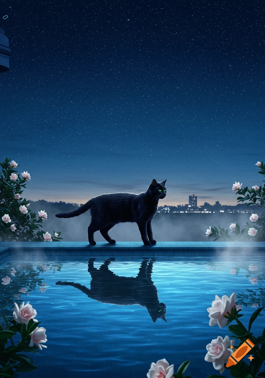 A black cat with green eyes stands beside a glowing blue swimming pool at night, reflecting under a starry sky.