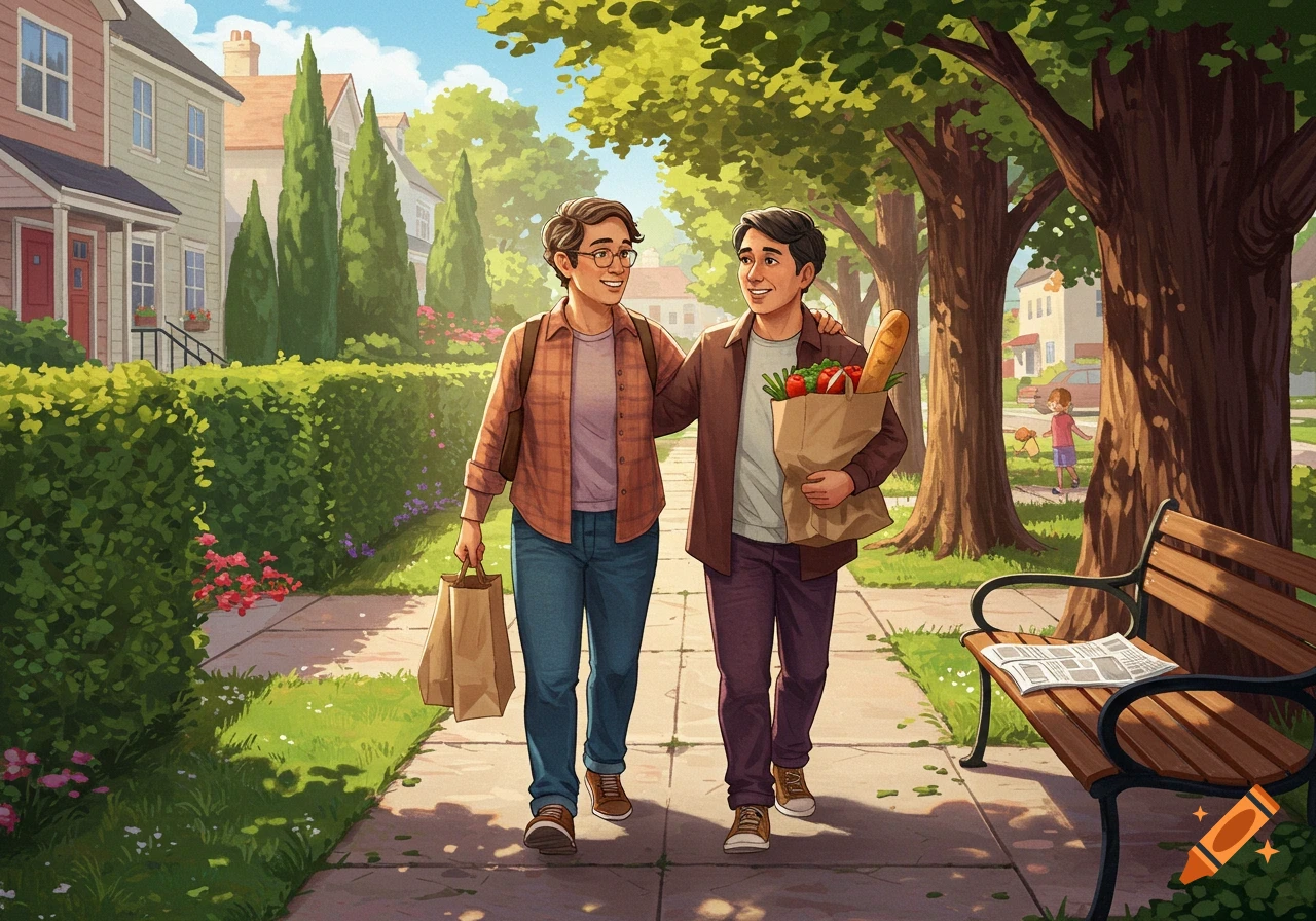 Two smiling men, arm-in-arm, walk down a sunny suburban street carrying groceries in a vibrant illustration style.