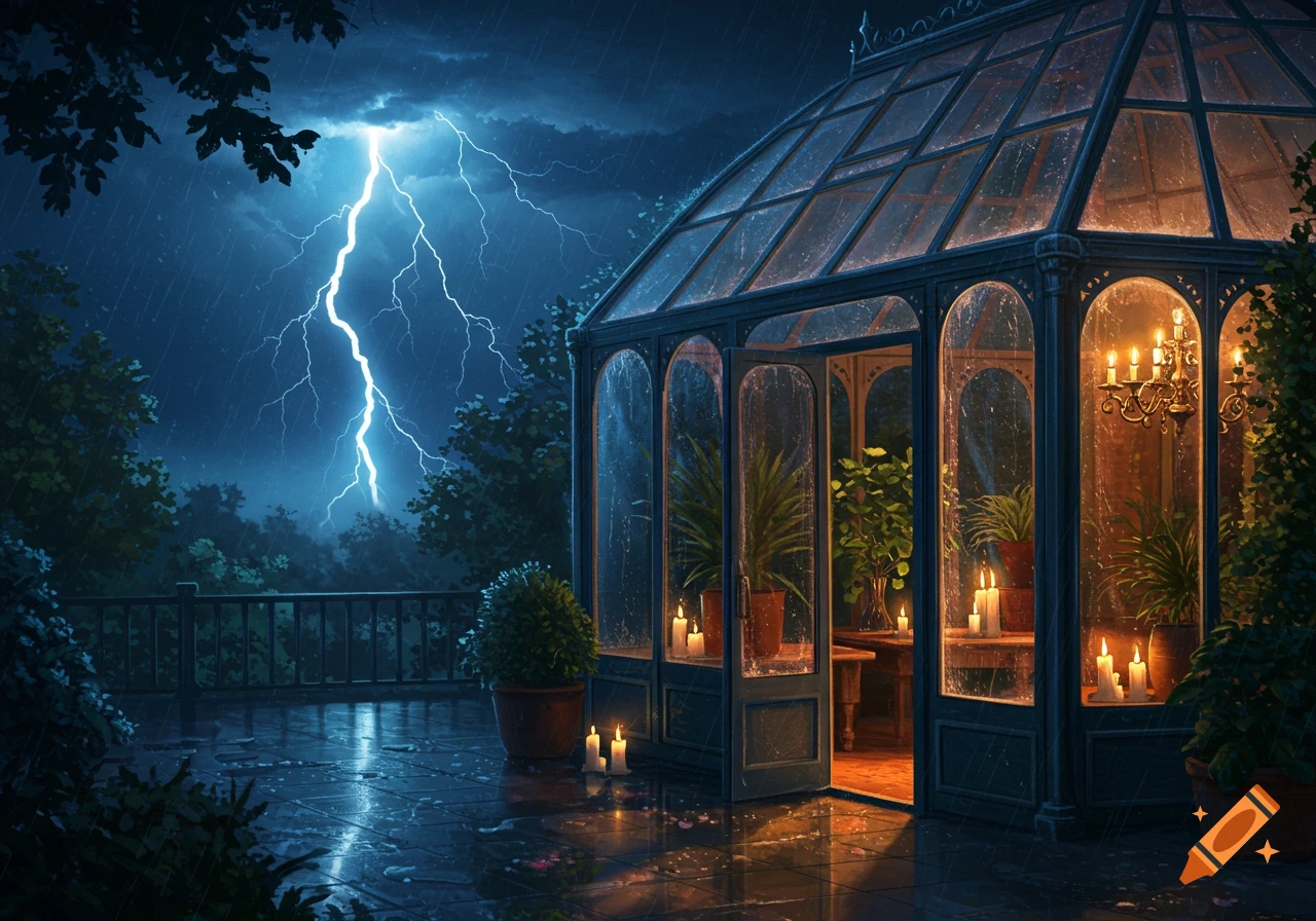 A glass conservatory lit by candlelight during a stormy night with bright lightning illuminating the dark sky and rain falling.