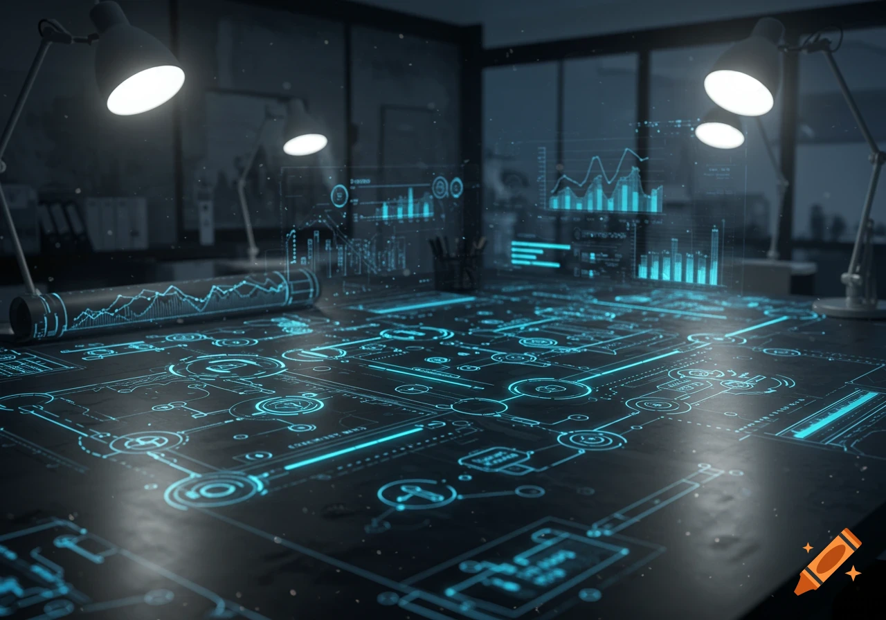 A futuristic desk in a dark room illuminated by desk lamps, featuring glowing blue holographic circuit diagrams, charts, and data projections across its surface and in the air.