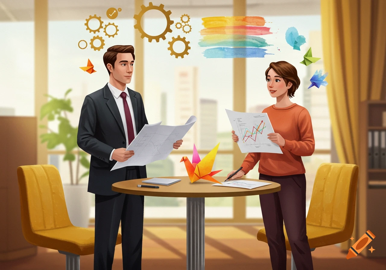 An illustration of a man and a woman in an office, holding documents with graphs, surrounded by gears, watercolor strokes, and origami birds.