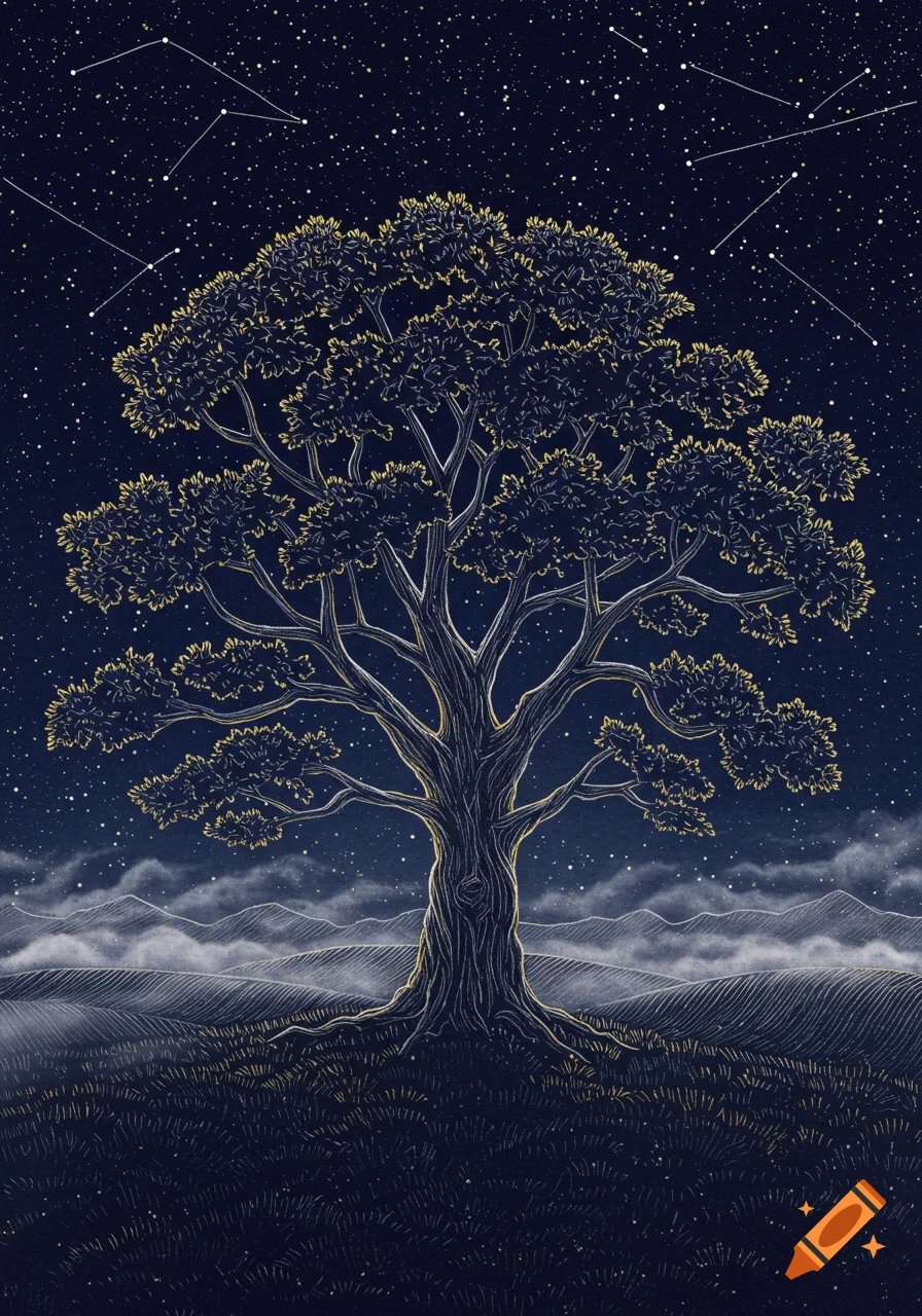 Stylized scratch art illustration of a large tree with golden leaves under a starry night sky, with rolling hills in the distance.
